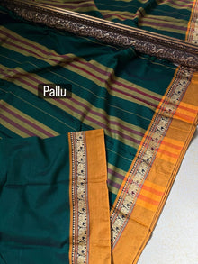 BOTTLE GREEN NARAYANPET COTTON SAREE WITH MUSTARD BORDER
