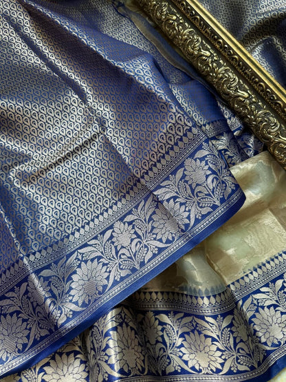 SILVER GLASS ORGANZA SAREE WITH BLUE BORDER