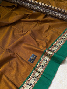 MUSTARD NARAYANPET COTTON SAREE WITH GREEN BORDER