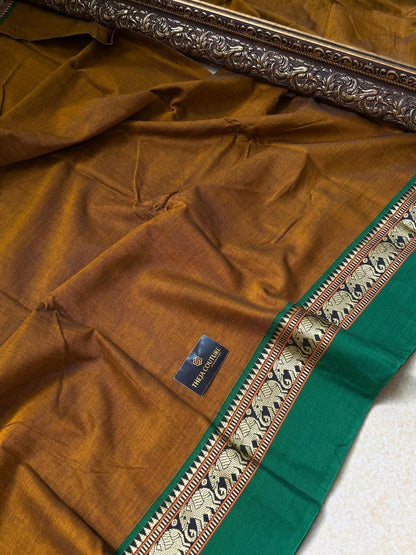 MUSTARD NARAYANPET COTTON SAREE WITH GREEN BORDER