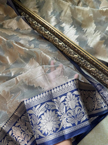 SILVER GLASS ORGANZA SAREE WITH BLUE BORDER