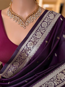 DARK WINE BANARASI ART SILK SAREE WITH GOLDEN SILVER ZARI WEAVE BORDER