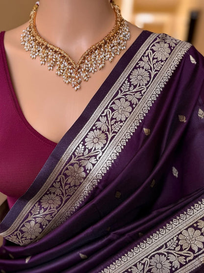DARK WINE BANARASI ART SILK SAREE WITH GOLDEN SILVER ZARI WEAVE BORDER