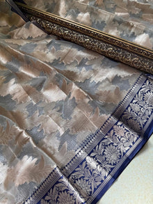 SILVER GLASS ORGANZA SAREE WITH BLUE BORDER