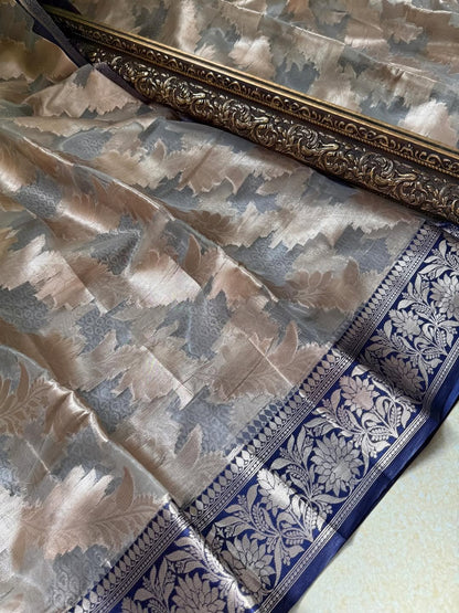 SILVER GLASS ORGANZA SAREE WITH BLUE BORDER