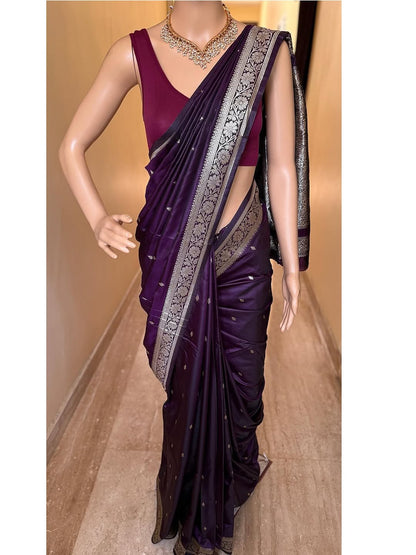 DARK WINE BANARASI ART SILK SAREE WITH GOLDEN SILVER ZARI WEAVE BORDER