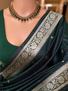 BOTTLE GREEN SOFT SILK SAREE WITH GOLDEN ZARI WEAVE BORDER