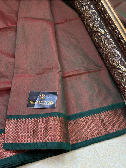 RUST GREEN COTTON SILK SAREE COMES WITH RED BORDER