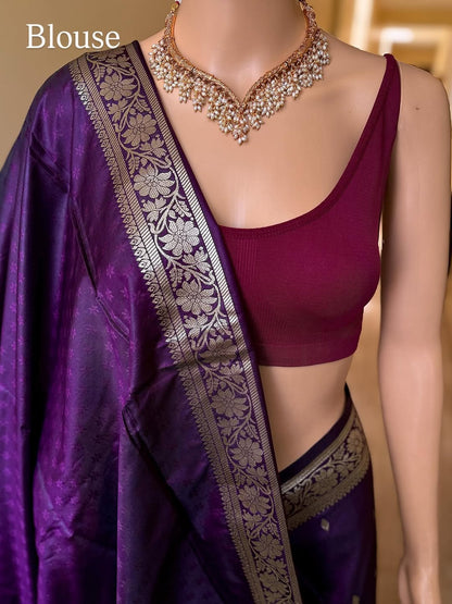 DARK WINE BANARASI ART SILK SAREE WITH GOLDEN SILVER ZARI WEAVE BORDER