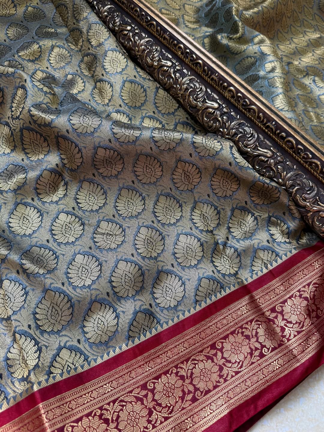 GREY ART SILK SAREE WITH RED BORDER