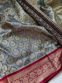 GREY ART SILK SAREE WITH RED BORDER