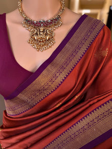 RUST BROWN SOFT ART SILK SAREE WITH MAGENTA ZARI WEAVE BORDER