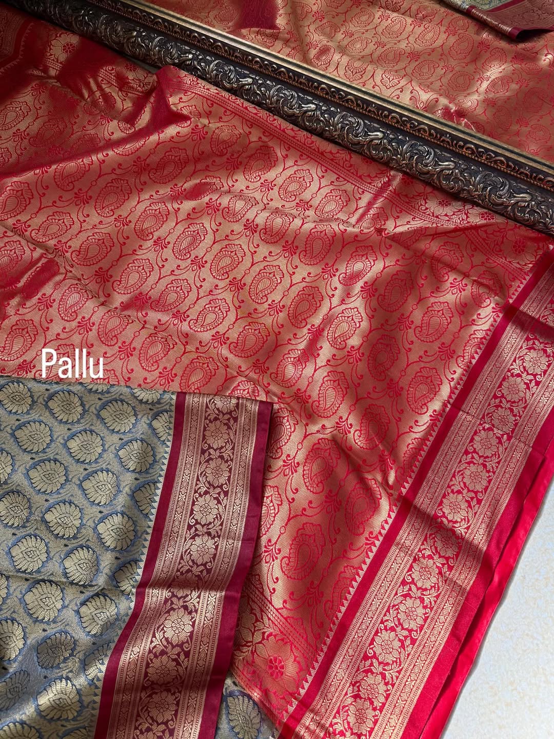GREY ART SILK SAREE WITH RED BORDER