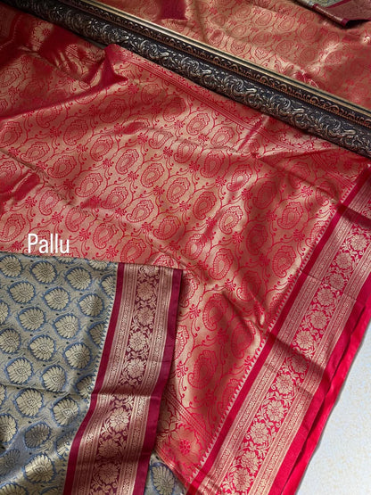 GREY ART SILK SAREE WITH RED BORDER