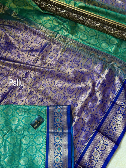 TURQUOISE GREEN ART SILK SAREE WITH BLUE BORDER
