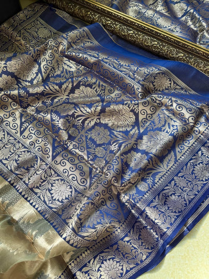 SILVER GLASS ORGANZA SAREE WITH BLUE BORDER