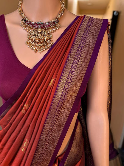 RUST BROWN SOFT ART SILK SAREE WITH MAGENTA ZARI WEAVE BORDER