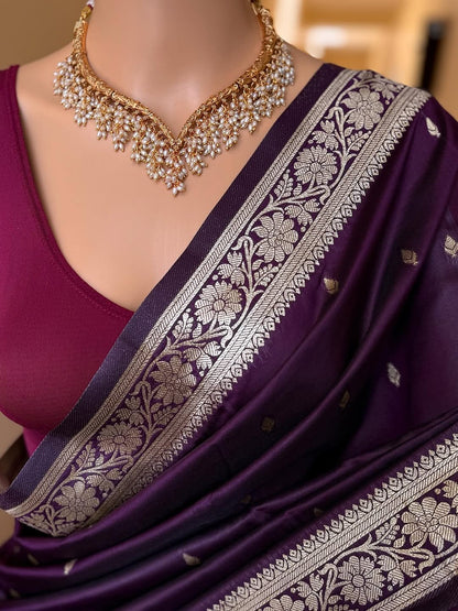 DARK WINE BANARASI ART SILK SAREE WITH GOLDEN SILVER ZARI WEAVE BORDER