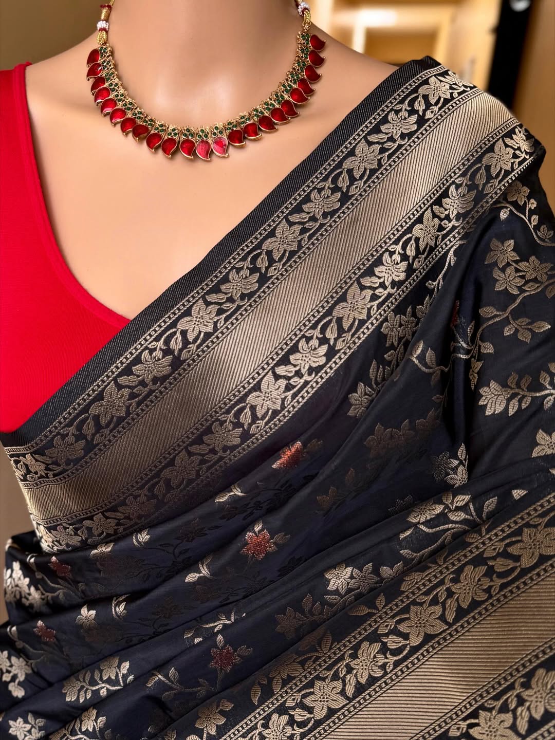 BLACK BANARASI ART SILK SAREE WITH CONTRAST  WEAVE BORDER