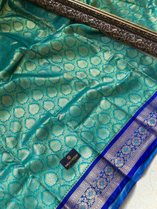 TURQUOISE GREEN ART SILK SAREE WITH BLUE BORDER