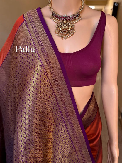RUST BROWN SOFT ART SILK SAREE WITH MAGENTA ZARI WEAVE BORDER