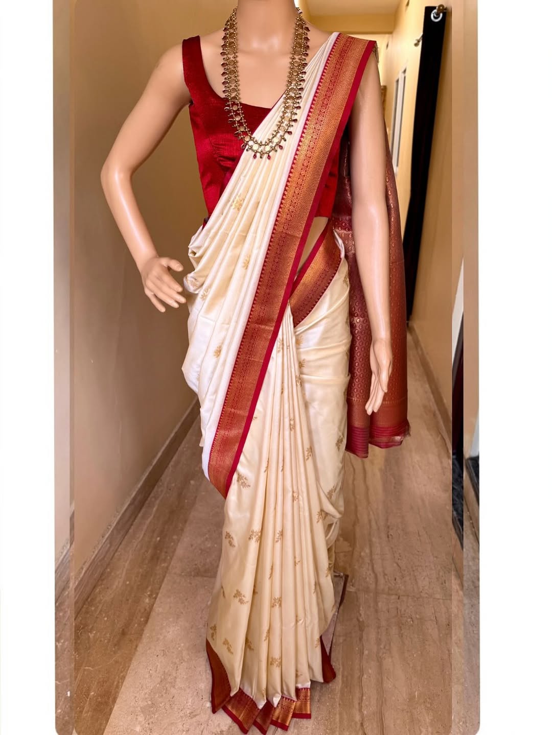 IVORY WHITE SOFT ART SILK SAREE WITH RED ZARI WEAVE BORDER