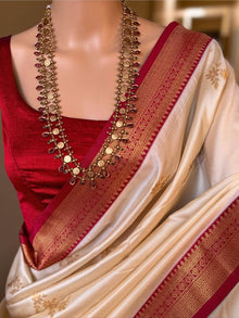 IVORY WHITE SOFT ART SILK SAREE WITH RED ZARI WEAVE BORDER