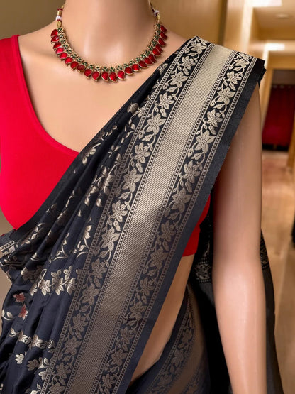 BLACK BANARASI ART SILK SAREE WITH CONTRAST  WEAVE BORDER
