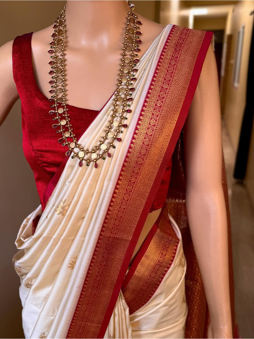IVORY WHITE SOFT ART SILK SAREE WITH RED ZARI WEAVE BORDER