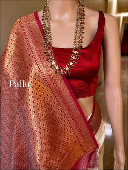 IVORY WHITE SOFT ART SILK SAREE WITH RED ZARI WEAVE BORDER