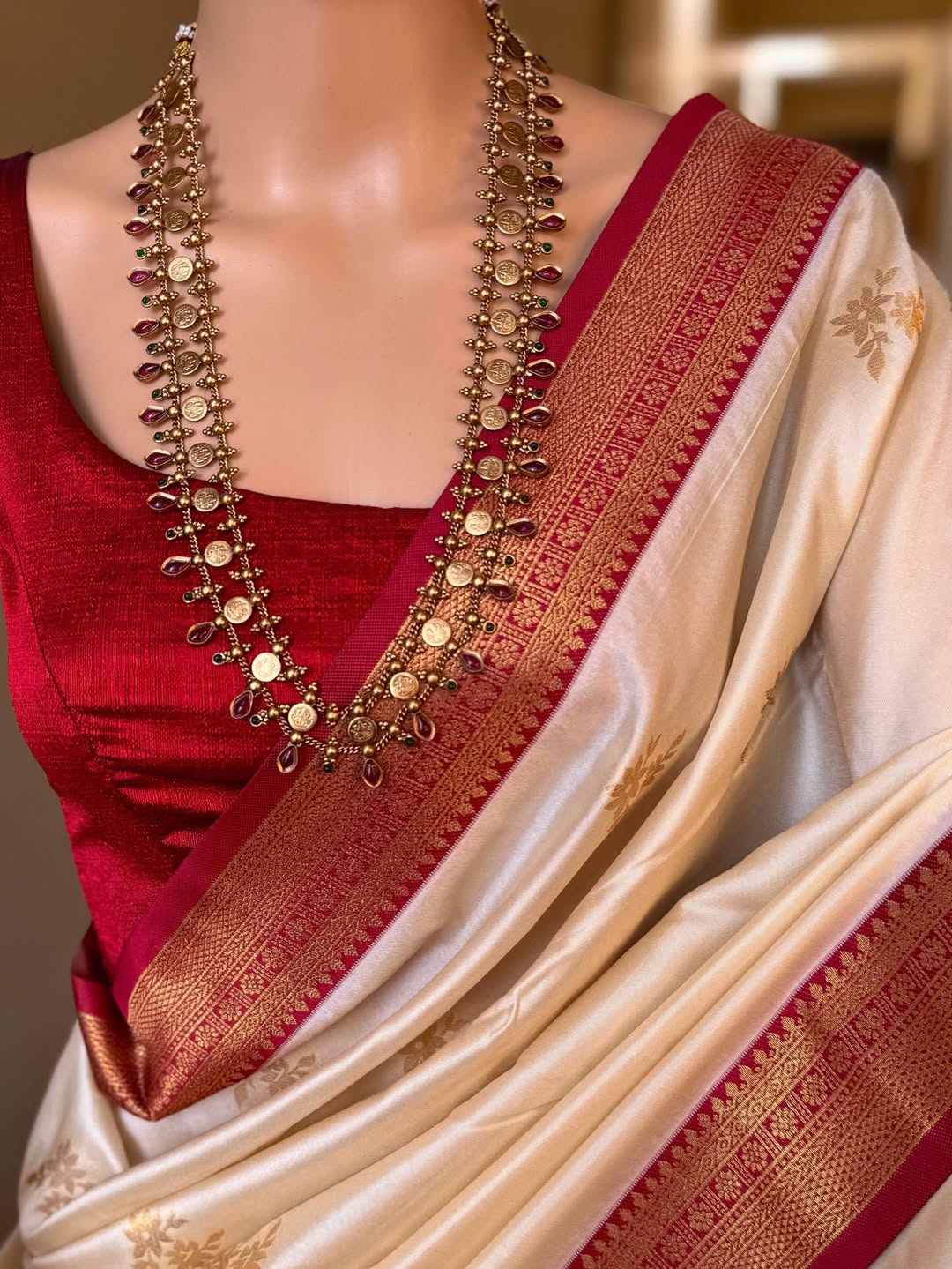 IVORY WHITE SOFT ART SILK SAREE WITH RED ZARI WEAVE BORDER