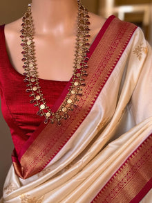 IVORY WHITE SOFT ART SILK SAREE WITH RED ZARI WEAVE BORDER