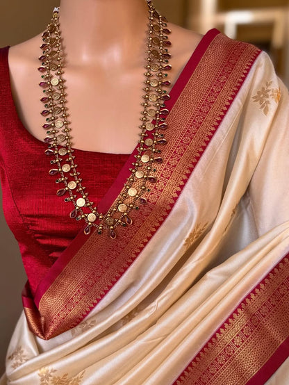 IVORY WHITE SOFT ART SILK SAREE WITH RED ZARI WEAVE BORDER
