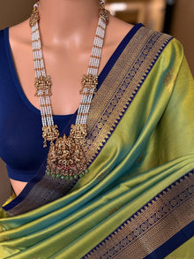 PASTEL GREEN BLUE SOFT ART SILK SAREE WITH NAVY BLUE ZARI WEAVE BORDER