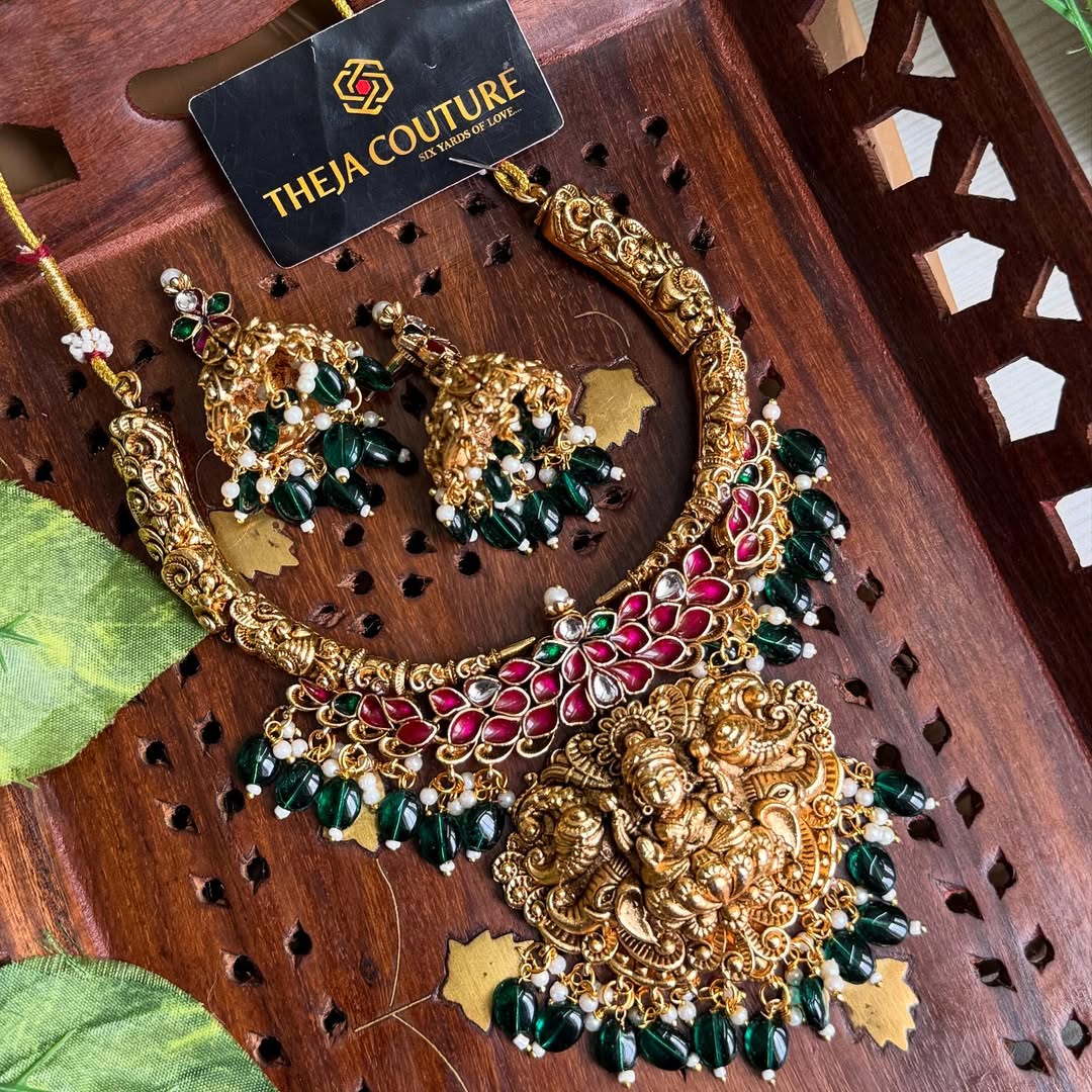 Antique short Lakshmi pink green necklace with jhumkas.
