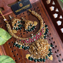 Antique short Lakshmi pink green necklace with jhumkas.