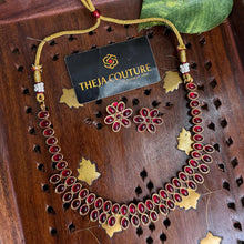 Double line red oval stone necklace