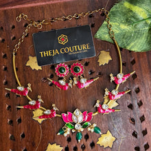 Pink parrot short neck piece paired with beautiful earrings.