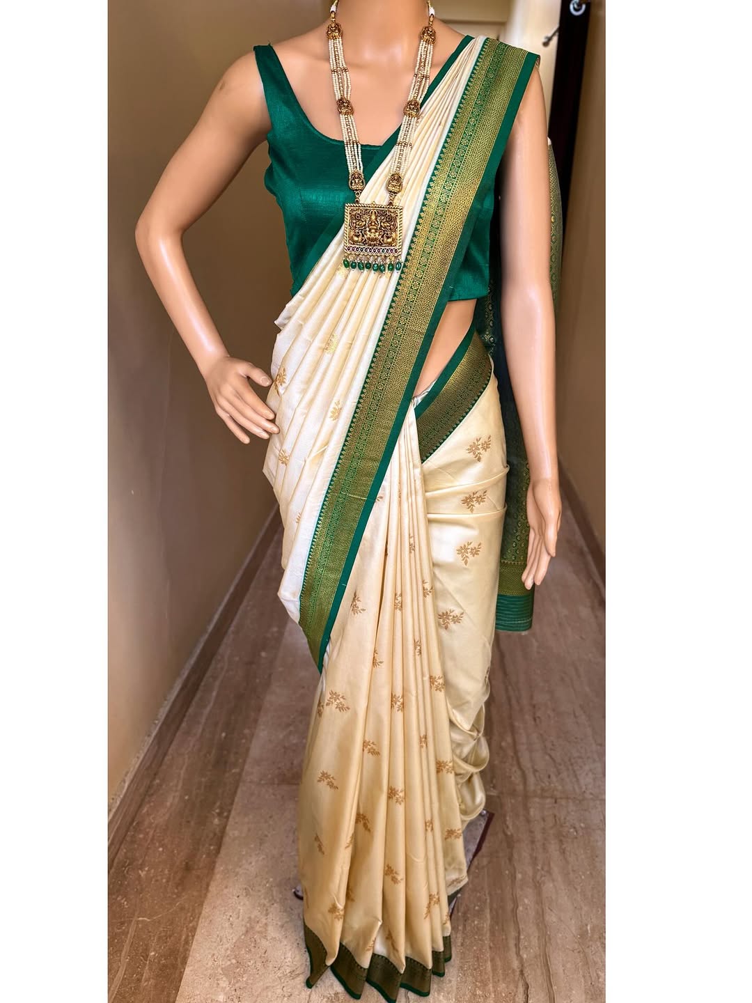 IVORY WHITE GREEN BORDER SOFT ART SILK SAREE