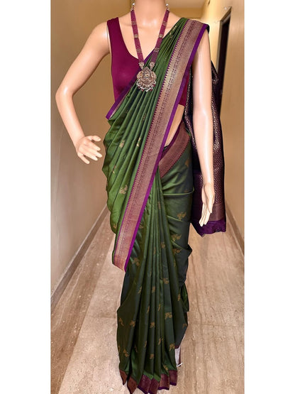 FOREST GREEN SOFT ART SILK SAREE WITH MAGENTA ZARI WEAVE BORDER
