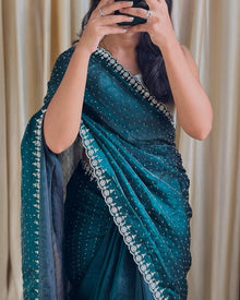 TEAL BLUE SPACE SILK PARTYWEAR SAREE