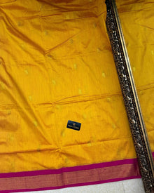 MANGO YELLOW COTTON SILK FULL BUTTA SAREE WITH PINK BORDER