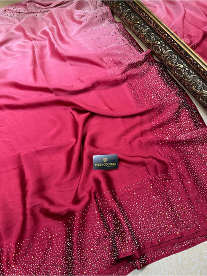 RED ROSE PINK DOUBLE SHADED SOFT SATIN SILK SAREE