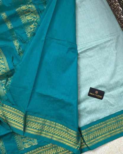 ICE BLUE COTTON SILK SAREE WITH TURQUOISE BLUE BORDER