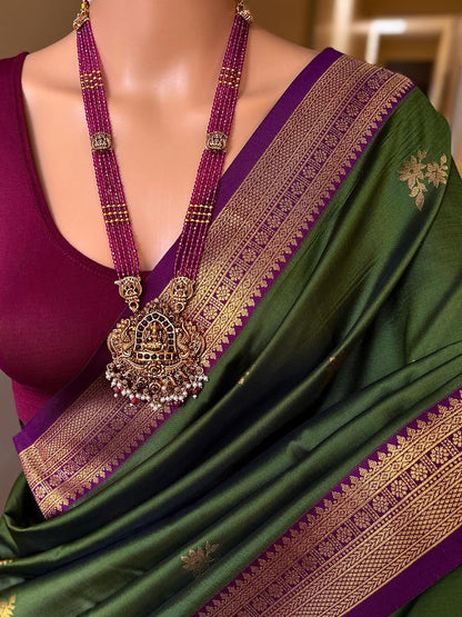 FOREST GREEN SOFT ART SILK SAREE WITH MAGENTA ZARI WEAVE BORDER