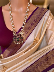 IVORY WHITE SOFT ART SILK SAREE WITH MAGENTA ZARI WEAVE BORDER