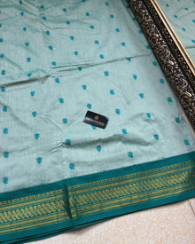 ICE BLUE COTTON SILK SAREE WITH TURQUOISE BLUE BORDER