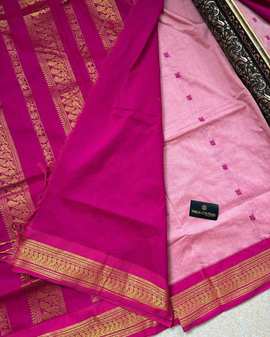 BABY PINK COTTON SILK SAREE WITH RANI PINK BORDER