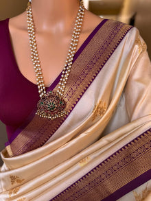 IVORY WHITE SOFT ART SILK SAREE WITH MAGENTA ZARI WEAVE BORDER