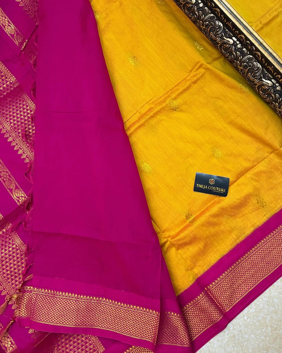 MANGO YELLOW COTTON SILK FULL BUTTA SAREE WITH PINK BORDER